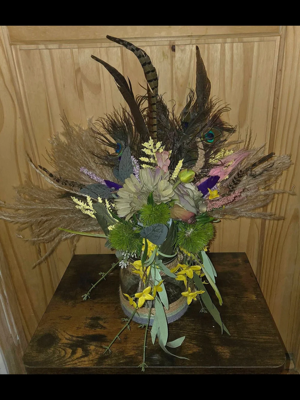 Handmade Boho Peacock Feather Pampas Grass Faux Floral Rustic Cottage Home Decor